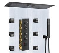 JetsBath Luxury Dual-Zone Rain & Waterfall Shower Head System for 2-Person, Matte Black Thermostatic Shower Jets System with 15.75”x31.5” Flush Mount Shower, Thermostatic Shower Faucet Set with Jets