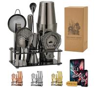 Jettory 10-Piece Stainless Steel Cocktail Shaker Set with Acrylic Base, Bar Strainer, Ice Tongs, Bar Spoon, Measuring Cup, Muddler - Black