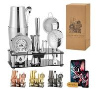 Jettory Boston Shaker Set - 17-Piece Stainless Steel Cocktail Shaker Set with Acrylic Base, Bar Strainer, Ice Tongs, Bar Spoon, Measuring Cup, Muddler, Bottle Pourer & Cocktail Skewers (Silver)