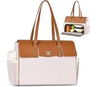 Jetviivid Laptop Bag with Large Lunch Compartment, 15.6 Inch PU Leather Work Bag for Women, Leakproof Insulated Lunch Tote for Business, Office, Nurse, Teacher, College, Brown-beige
