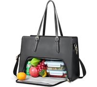 Jetviivid Laptop Tote Bag with Insulated Lunch Compartment, 15.6 Inch PU Leather Briefcase for Women, Waterproof Laptop Handbag Computer Shoulder Bag for Business, Office, Work, College, Black