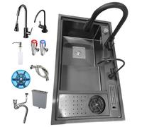 JETXYHUB 82 x 46 cm Stainless Steel Step Sink with Pull-Out Tap, Black Nano Kitchen Sink, Multifunctional Large 1 Basin Bar Sink with Cup Rinser, Soap Dispenser Complete Accessories