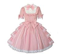 Jeufoin Women Girls Sweet Pink Dress Short Sleeves Kawaii Japanese Style Princess Dresses with Bows 2XL Pink