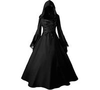 Jeufoin Women's Gothic Victorian Witch Vampire Dress Medieval Renaissance Halloween Cosplay Hooded Costume, Black, S