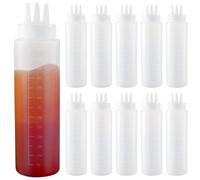 JEUIHAU 10 PCS 3 Hole Squeeze Sauce Bottle, 21.6oz/650ml Plastic Squeeze Condiment Bottles Sauce Bottle Dispenser with Measurement for Ketchup, Dressing, BBQ, Sauce, Mustard, Salad