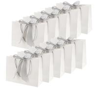 JEUIHAU 10 Pcs White Gift Bags with Silver Bow Ribbon, 28 x 20 x 9 cm Paper Party Bags with Handles, Medium Present Bag for Birthday, Weddings, Parties, Christmas