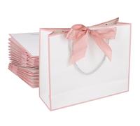 JEUIHAU 15 PCS White Gift Bags, Medium Gift Bags with Pink Frame and Ribbon, 30 x 25 x 10 CM Luxury Paper Bag for Wedding, Birthday, Party, Festival Celebration, Baby Showers