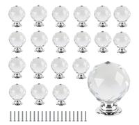 JEUIHAU 20 PCS 30 MM Crystal Door Knobs, Clear Crystal Cabinet Handles with Screws, Glass Door Knob for Cupboard, Drawer, Bedside Cabinet, Dresser Unit and Wardrobe, Silver