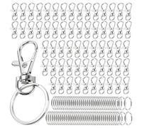 JEUIHAU 200 PCS Swivel Lobster Clasps & Key Ring Hoops, 100 Lanyard Lobster Clip and 100 Flat Keyring, Keychain Hooks with Key Rings for DIY Craft Jewelry Making Hanging Accessories, Silver