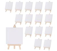 JEUIHAU 30 Pack Mini Canvas and Easel Set, 15 Blank Canva Frame White Painting Boards with 15 Wood Display Easels for Drawing, Oil Water Painting, Crafts and Artist, Easel 8 x 15 cm, Canvas 10 x 10 cm