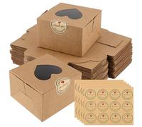 JEUIHAU 50 PCS 4 Inch Brown Cupcake Boxes, Kraft Cake Boxes with Heart Shape Clear Window, Bakery Pastry Boxes Small Cake Boxes with Stickers for Desserts Pastries Cookies Small Cakes Candy