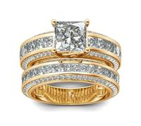 Jeulia 2.85 Carat Sterling Silver Princess Cut Bridal Set Engagement Wedding Rings Bands with Cubic Zirconia for Women with Jewelry Gift Box (Gold Plated, K 1/2)