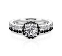 Jeulia 2PC Halo Engagement Ring Set for Women - 925 Sterling Silver Stackable Eternity Wedding Bands with Round Black White CZ Stone Ladies Fashion Jewellery for Anniversary Valentine (Silver, R-½)