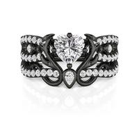 Jeulia 2PCS Gothic Black Engagement Rings 925 Sterling Silver Cubic Zirconia Heart Interchangable Ring Bridal Set Stackable Cocktail Rings for Women Ladies Promise Wedding Diamante Band (Black, W-½)