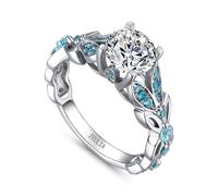 Jeulia 4.3 Carat Personalized Sterling Silver Butterfly Rings for Women Purple Amethyst Birthstone Bridal Rings Set Round Cut Wedding Engagement Promise (Aquamarine Blue, L 1/2)