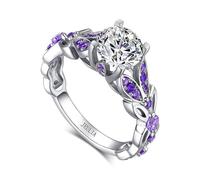Jeulia 4.3 Carat Personalized Sterling Silver Butterfly Rings for Women Purple Amethyst Birthstone Bridal Rings Set Round Cut Wedding Engagement Promise (Amethyst Purple, K 1/2)