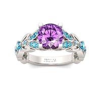 Jeulia 4.3 Carat Personalized Sterling Silver Butterfly Rings for Women Purple Amethyst Birthstone Bridal Rings Set Round Cut Wedding Engagement Promise (Purple & Blue, M 1/2)