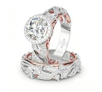 Jeulia 4 Carat Openwork Ring Sets for Women 925 Sterling Silver Wedding Sets Rose Gold Round Cut Halo Engagement Ring White Diamond Band CZ Solitaire Anniversary Promise Rings (Q-½)