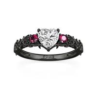 Jeulia Black Heart Ring for Women 925 Sterling Silver Gothic Black Flower Cubic Zirconia Ring Promise Engagement Wedding Anniversary Birthday Valentine Jewelry Gift for Her (Silver, M-½)