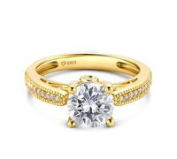 Jeulia Classic Moissanite Diamond Ring Sterling Silver Ring Engagement Promise Anniversary Band Rings with Round Cut for Birthdays, Christmas, Valentine's Day (Yellow Gold, S-½)