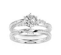 Jeulia Classic Twist Round/Princess Cut Three Stone Ring Set for Women, 925 Silver Cubic Zirconia Engagement Ring Set,Pave CZ Bridal Wedding Band, Stackable Promise Anniversary Rings (Silver, Q-½)