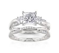 Jeulia Classic Twist Round/Princess Cut Three Stone Ring Set for Women, 925 Silver Cubic Zirconia Engagement Ring Set,Pave CZ Bridal Wedding Band, Stackable Promise Anniversary Rings (Eternity, Z)