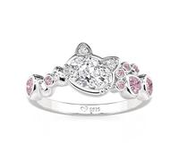 Jeulia Fashion Cat Design Ring 925 Sterling Silver Ring with Pink Zirconia Heart Promise Engagement Anniversary Birthday Valentine Jewelry for Women Daughter with GiftBox (Silver, P-½)