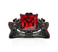 Jeulia Gothic Skull Floral Ring,Black Plated 925 Silver,3.85ct Radiant Red Ruby Cubic Zirconia,Art Deco Hollow Shank,Promise Engagement Wedding Anniversary Halloween Jewelry for Women (Black, J-½)