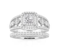 Jeulia Luxury Princess Cut Engagement Ring Set Sterling Silver Openwork Double Halo Rings for Women Bridal Cubic Zirconia Simulated Diamond Stacking Wedding Band for Her Ladies Ring (Radiant, Q-½)