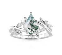 Jeulia Moss Agate Ring for Women, Kite Cut Natural Moss Agate Engagement Ring,S925 Silver Leaf & Vine Promise Rings Fashion Wedding Band, Stacking Anniversary Rings with Giftbox (2CT, O-½)