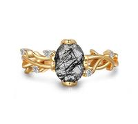 Jeulia Oval Cut Cubic Zirconia Engagement Ring Black Rutilated Quartz Wedding Band 925 Sterling Silver Gold-Plated Ladies Eternity Rings Solitaire Promise Ring for Anniversary Valentine (Gold, L-½)