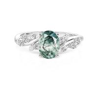 Jeulia Oval Engagement Ring Fashion Vine Leaf Moss Agate Ring 925 Sterling Silver Promise Rings for Women Wedding Anniversary Band Stacking Simulated Diamond Rings (One-of-a-Kind Gemstone, M-½)