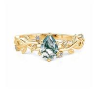 Jeulia Pear Cut Engagement Ring 925 Sterling Silver Emerald Green Moss Agate Wedding Rings for Women Anniversary Valentine Birthday Jewelry With Giftbox (Gold, J-½)