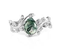 Jeulia Pear Cut Moss Agate Promise Engagement Ring Fashion Vine Leaf Design Sterling Silver 5ct Wedding Band Cocktail Rings for Women Bridal Valentine Birthday Jewelry with GiftBox (Silver, Q-½)