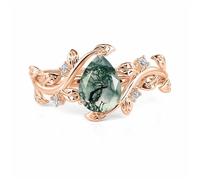 Jeulia Pear Cut Moss Agate Promise Engagement Ring Fashion Vine Leaf Design Sterling Silver 5ct Wedding Band Cocktail Rings for Women Bridal Valentine Birthday Jewelry with GiftBox (Rose, J-½)