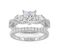 Jeulia Princess Cut Three Stone Engagement Ring Set Twist Shank Bridal Ring Set Solid 925 Sterling Silver Promise Wedding Band Stackable Jewelry Set for Women Anniversary Birthday Gift (Silver, J-½)