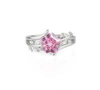 Jeulia Promise Ring for Women 925 Sterling Silver Pink Blossom Cut Flower Bypass Vine Leaf CZ Ring Dainty Solitaire Engagement Ring Simulated Diamond Anniversary Wedding Band (Custom Name, K-½)