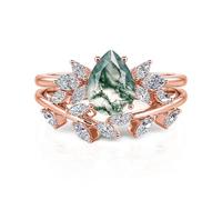 Jeulia Rose Gold Rings for Women Pear Cut Moss Agate Engagement Ring Set 925 Sterling Silver Wedding Band Rings Bridal Set Stackable Thumb Ring Anniversary Valentine Jewelry (Rose, J-½)