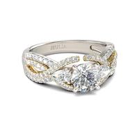 Jeulia Round Cut Sterling Silver Engagement Rings for Her with Two Tone Three Stone Diamond Wedding Ring 925 Silver Ring Halo Ring for Women - Yellow Gold (O-½)