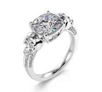 Jeulia Skull Engagement Rings Eternal Love Gothic Black Sterling Silver Cushion Cut Diamond Wedding Rings Halloween Classic Retro Skull Gifts for Women Jewelry with Giftbox (White, R-½)