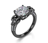 Jeulia Skull Engagement Rings Eternal Love Gothic Black Sterling Silver Cushion Cut Diamond Wedding Rings Halloween Classic Retro Skull Gifts for Women Jewelry with Giftbox (Black, V-½)