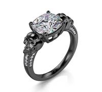 Jeulia Skull Engagement Rings Eternal Love Gothic Black Sterling Silver Cushion Cut Diamond Wedding Rings Halloween Classic Retro Skull Gifts for Women Jewelry with Giftbox (Black, O-½)