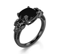 Jeulia Skull Engagement Rings Eternal Love Gothic Black Sterling Silver Cushion Cut Diamond Wedding Rings Halloween Classic Retro Skull Gifts for Women Jewelry with Giftbox (Black-1, L-½)