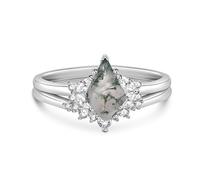 Jeulia Stackable Moss Agate Engagement Ring Set Sterling Silver Cubic Zirconia Rings for Women Bridal Wedding Band Knuckle Rings Anniversary Valentine Birthday Jewelry with GiftBox (Silver, T-½)