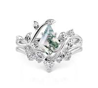 Jeulia Stackable Rings for Women Leaf Wrap Moss Agate Ring Set Sterling Silver Cubic Zirconia Engagement Wedding Rings Cocktail Ring Bridal Set Anniversary Valentine Birthday Jewelry (Silver, J-½)