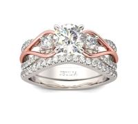 Jeulia Two Tone Rings for Women Rose Gold Three Stone Round Cut Engagement Rings Sterling Silver Halo Bridal Ring Set Anniversary Promise Wedding Ring with Jewelry Gift Box (L-½)