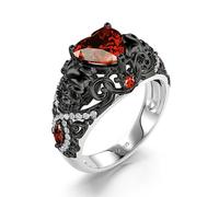 Jeulia Vintage Gothic Black Skull Ring Sterling Silver 2.5ct Twist Ruby Heart Cz Promise Engagement Ring Lab Grown Diamond Wedding Band Openwork Art Deco Halloween Jewelry with Giftbox (Black, L-½)