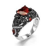 Jeulia Vintage Gothic Black Skull Ring Sterling Silver 2.5ct Twist Ruby Heart Cz Promise Engagement Ring Lab Grown Diamond Wedding Band Openwork Art Deco Halloween Jewelry with Giftbox (Black, T-½)