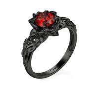 Jeulia Vintage Gothic Black Sterling Silver Ring Round Ruby Floral Ladies Ring Eternity Wedding Band for Women Promise Engagement Anniversary Valentine Halloween Jewelry with Giftbox (Black, R-½)
