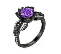 Jeulia Vintage Gothic Black Sterling Silver Ring Round Ruby Floral Ladies Ring Eternity Wedding Band for Women Promise Engagement Anniversary Valentine Halloween Jewelry with Giftbox (Purple, S-½)